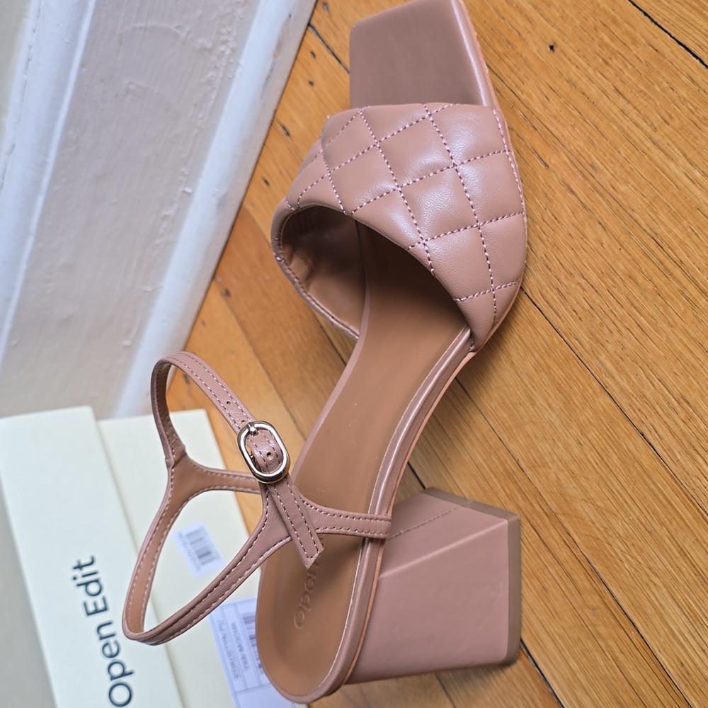 Open Edit, Quilted Square Toe Block Heel Sandals, Tan Mocha, EUC, Women's 8M - Picture 9 of 15